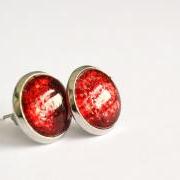Sparkling red small earrings - round glass cabochon and glitters