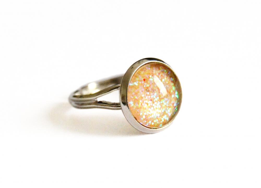 Yellow Orange Sparkling Iridescent Ring With Glitters And Glass Cabochon, Adjustable