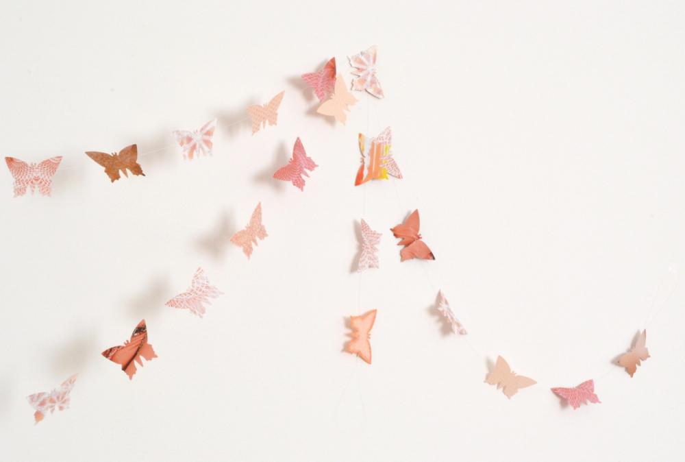 Peach and antique pink paper butterflies garland - wall decor