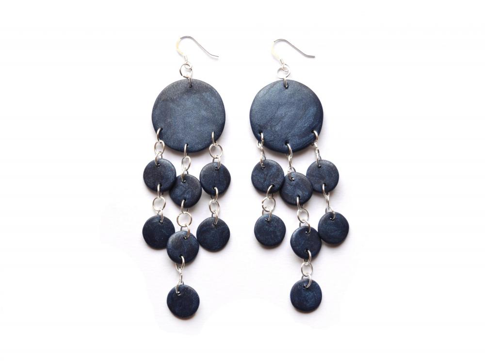 Metallic Sapphire Blue Earrings In Polymer Clay, Jellyfish Shape