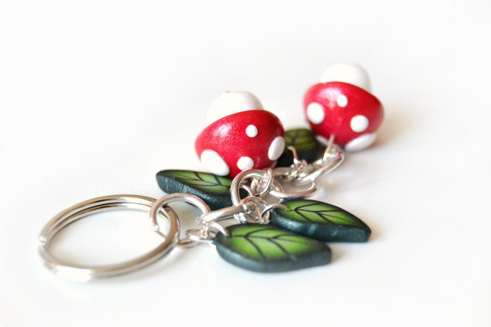 Mushrooms And Leaves Keyring In Polymer Clay