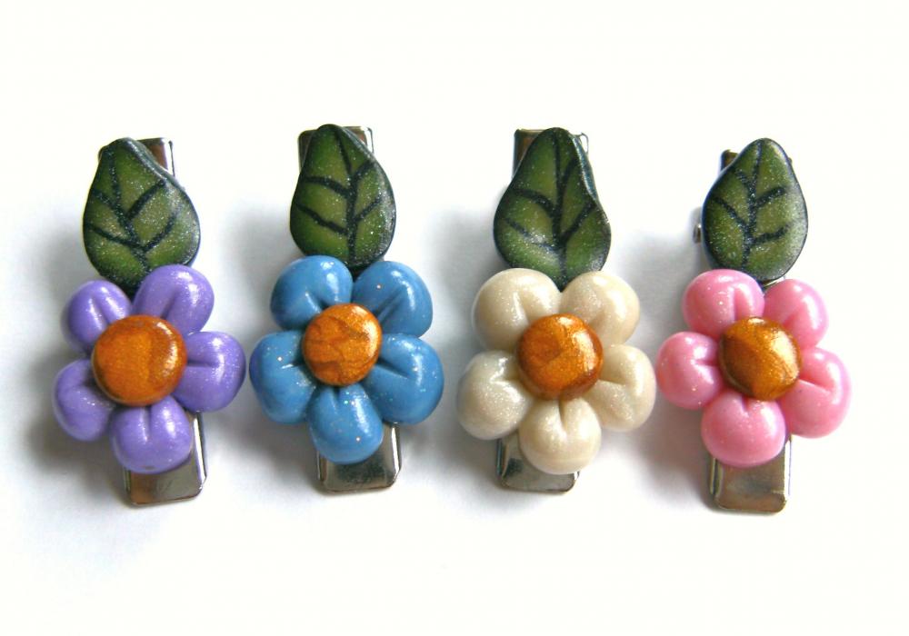 4 Little Colorful Spring Flowers Hair Clips In Polymer Clay