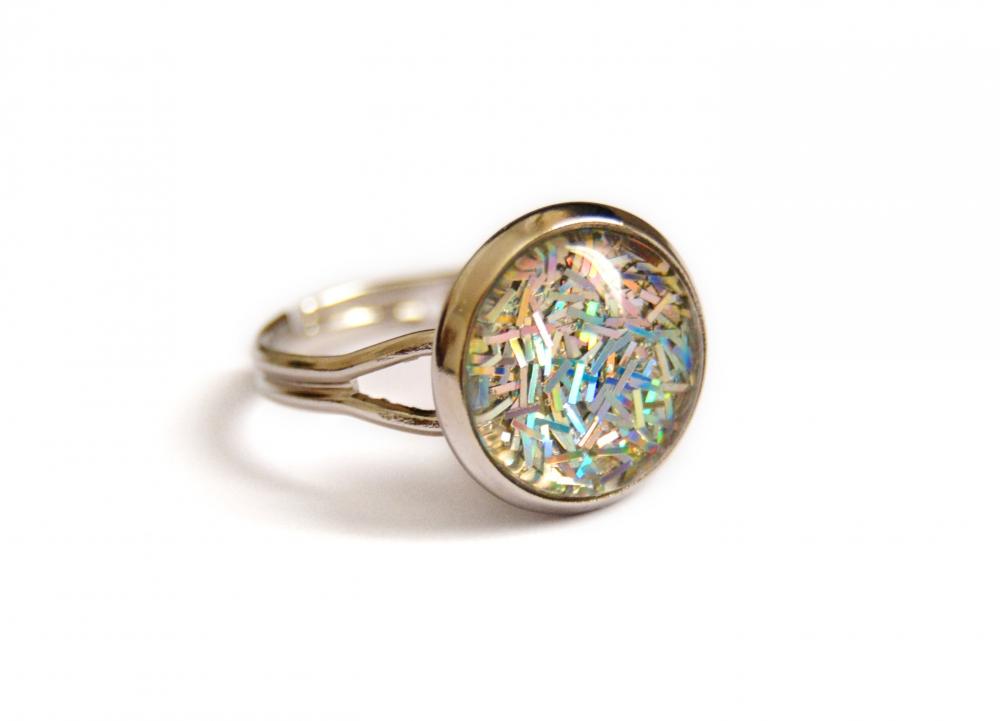 Sparkling Iridescent Ring - Glitters And Glass Cabochon, Adjustable